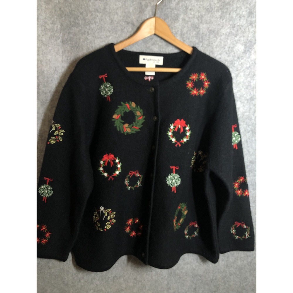 Appleseeds Sweater Womens XL12454 Black 100% Wool Cardigan Christmas Holiday